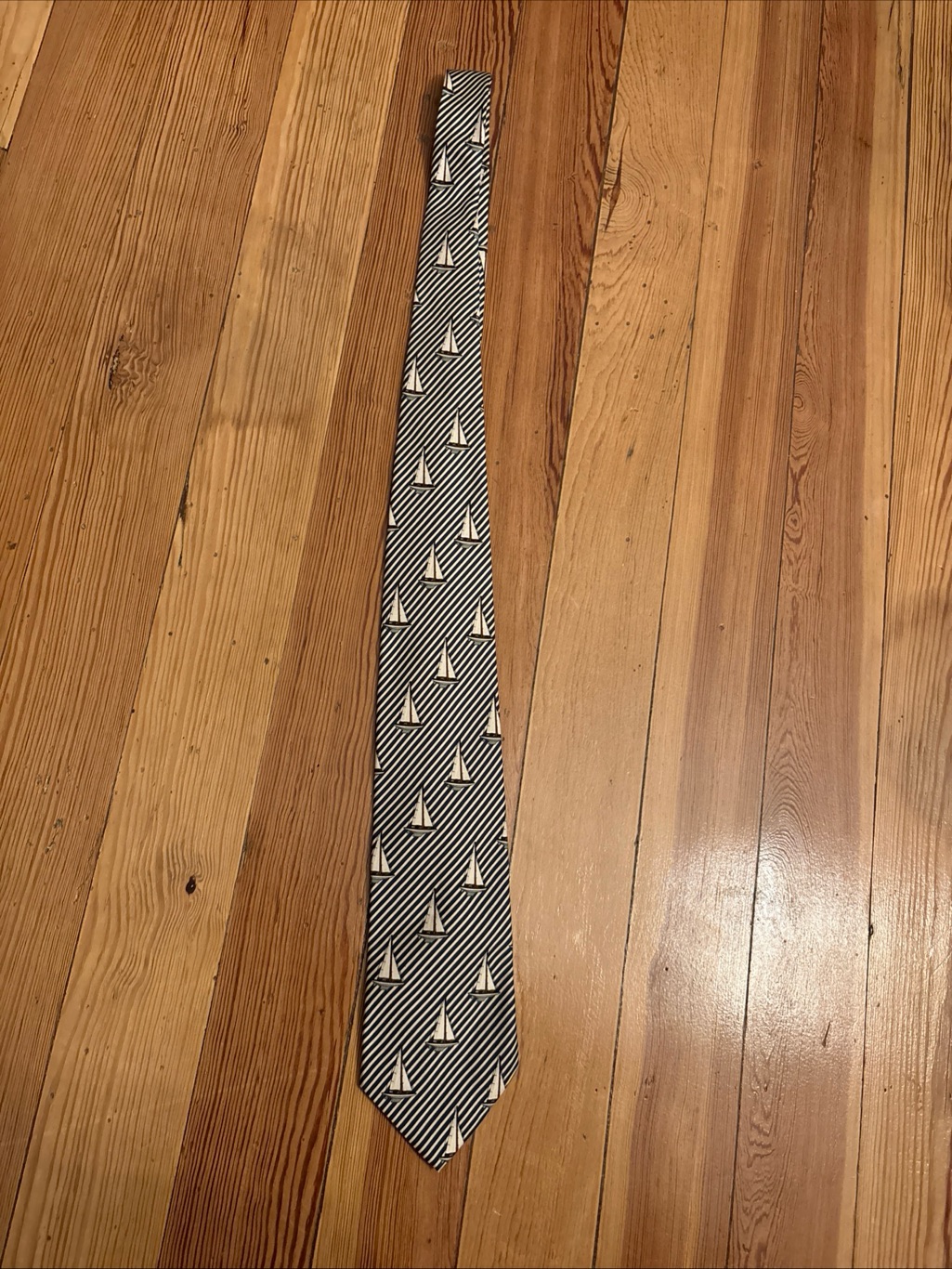 Lands End Direct Merchant 100 Silk Tie Men Blue Striped Sailboats Hand Sewn Usa